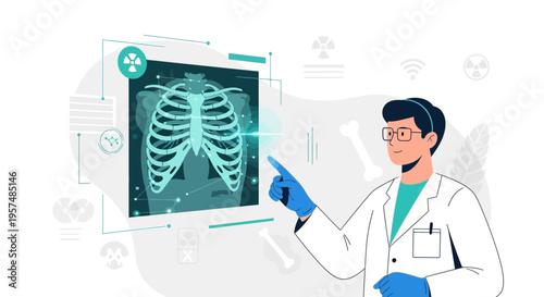 Doctor analyzing 3D chest x-ray scan on futuristic holographic interface, medical technology concept