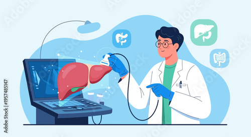 Doctor analyzing 3D liver model on futuristic medical screen, advanced healthcare technology
