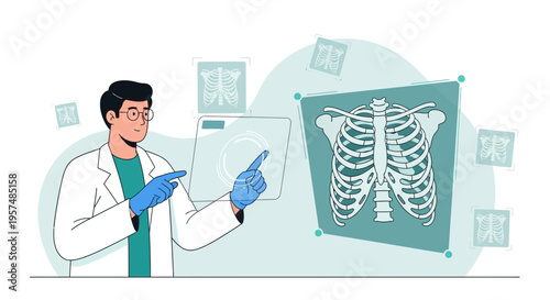 Doctor analyzing 3D rib cage hologram with futuristic medical technology