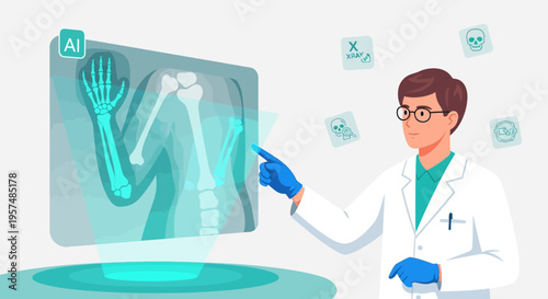 Doctor analyzing AI-powered X-ray hologram of human skeleton and hand