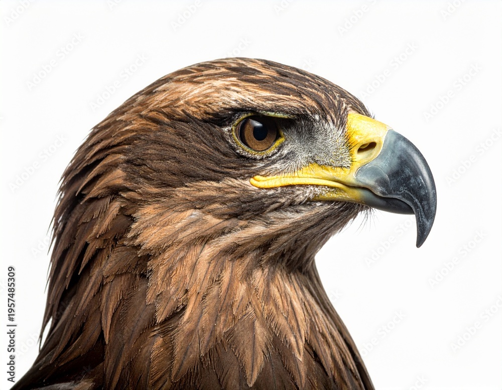 Fototapeta premium Close-up profile of a majestic eagle with piercing eyes and a sharp beak, isolated against a bright white background, showcasing its powerful and vigilant nature