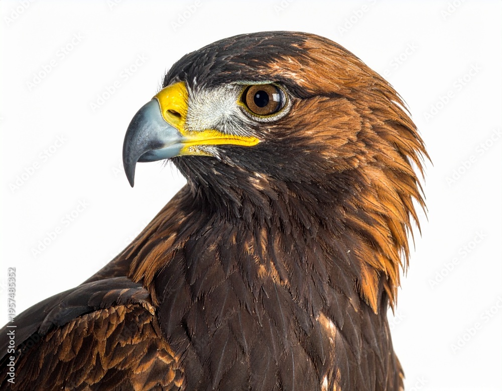 Obraz premium Stunning close-up portrait of a powerful golden eagle, highlighting its regal profile, sharp beak, and intense eye against a bright, isolated backdrop