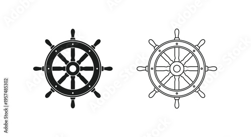 Two black and white illustrations of ship steering wheels are displayed
