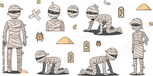 Mummy Icon Set with Various Illustrations of Wrapped Mummy Characters, Ancient Artifacts, and Fun Halloween-Themed Designs for Creative Projects