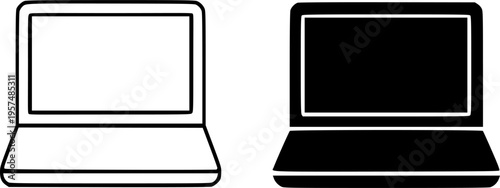 Laptop minimalist icon, in outline and silhouette design