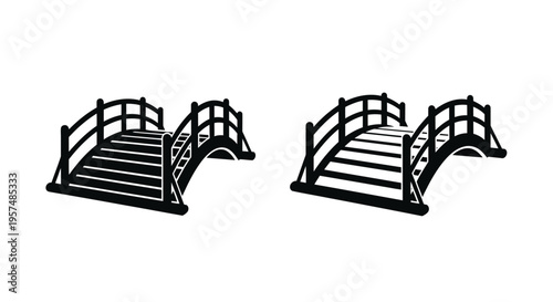 Two black and white illustrations of arched japanese garden bridges