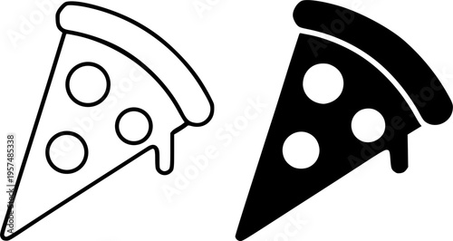 Pizza minimalist icon, in outline and silhouette design