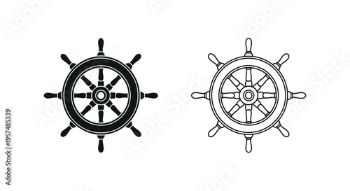 Two black and white ship wheels one filled and one outlined