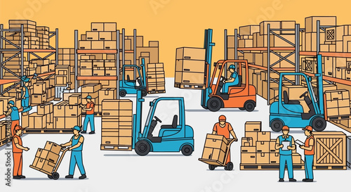Warehouse operations with forklifts and workers managing inventory.