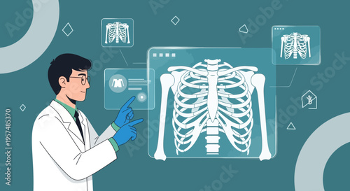 Doctor analyzing holographic skeleton scan with futuristic medical technology