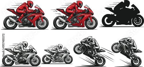 Motorcycle Racer Icon Set with Various High-Speed Sports Bike Designs, Stunt Riding, and Motorbike Illustrations for Digital and Creative Projects