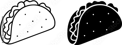 Taco minimalist icon, in outline and silhouette design