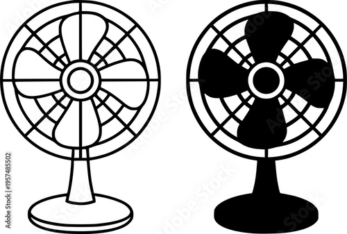 Fan illustration icon, in outline and silhouette design