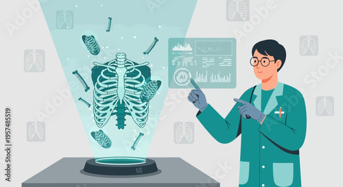 Doctor analyzing holographic skeleton and medical data on futuristic interface