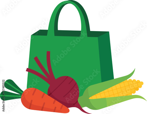 Green reusable shopping bag with fresh vegetable groceries including carrot beet corn  healthy food shopping
