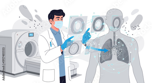 Doctor analyzing lung scan with futuristic hologram and CT scanner