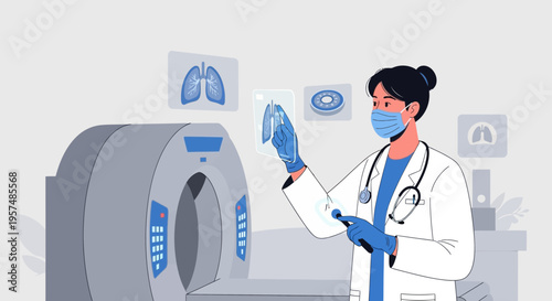 Doctor analyzing lung scan results next to CT scanner, medical technology concept