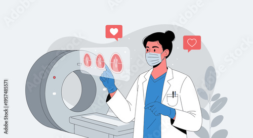 Doctor analyzing lung scan results on futuristic display next to CT scanner