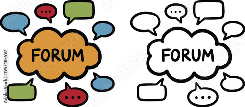 Online forum and community discussion concept featuring a central cloud with speech bubbles, available in colorful and outline doodle drawing styles.