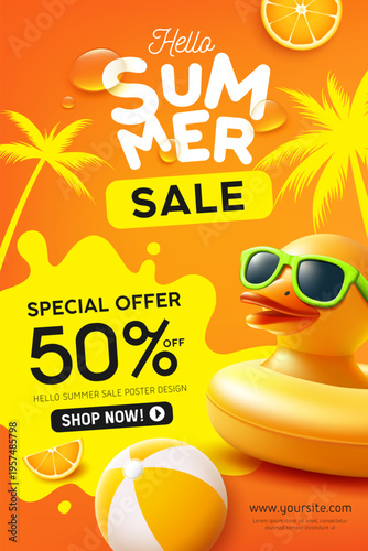 Summer sale, Yellow rubber duck, Coconut palm silhouette design poster on orange background
