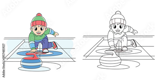Cute boy playing curling winter sport on ice rink, side-by-side colored and black and white line art illustration for kids coloring book
