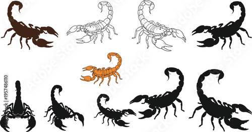 Scorpion Icon Set with Various Illustrations of Scorpions in Different Poses, Stances, and Styles for Digital Media and Creative Projects