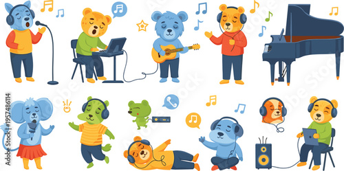 Cute animal musicians set with singing playing guitar piano and headphones music band cartoon vector illustration collection