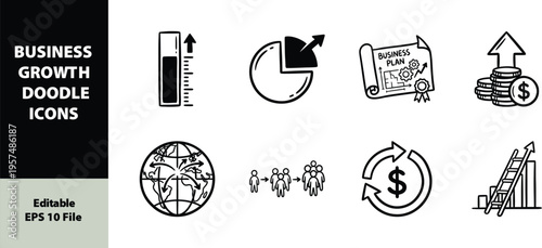 Set of business growth doodle icons featuring progress charts, financial investments, global networking, and strategic planning on a transparent background.
