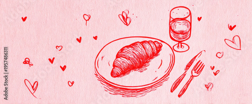 Illustration of a croissant on a plate with a glass of beverage, surrounded by hand-drawn hearts on a pink background, ideal for romantic themes or Valentine's Day