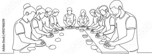people sitting around a table in a line drawing style