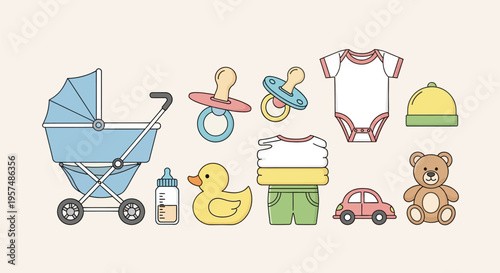 Adorable Baby Essentials Collection - Stroller, Pacifiers, Clothes, and Toys.