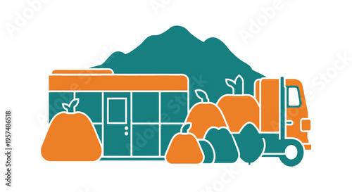 Farm-to-Table Fresh Produce Market and Delivery Truck Icon with Mountain Background