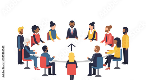 Diverse Business Team Meeting Illustration: Collaboration, Leadership, and Presentation at a Round Table
