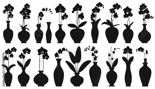 A collection of black silhouette icons depicting various flower arrangements in decorative vases