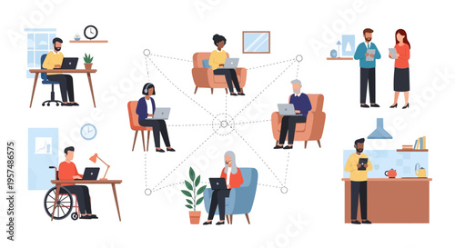 Global Remote Team Collaboration: Diverse People Working from Home and Office, Connected by Technology for Flexible Work and Online Communication.