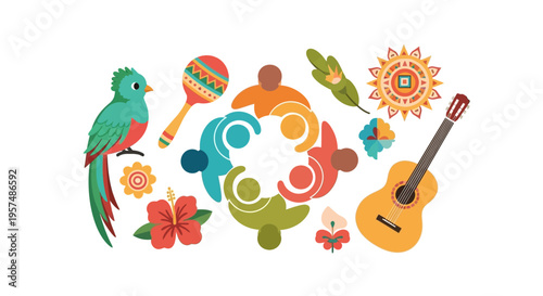 Vibrant Latin American Culture & Community: Folk Art Illustration with Quetzal, Guitar, Maraca & Diversity