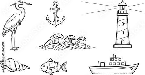 Hand Drawn Nautical Marine Vector Set with Heron Bird, Anchor, Lighthouse, Waves, Boat, Fish, and Sea Shell Illustration Collection