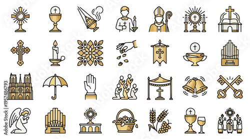 Catholic Liturgy set of icons in linear style. A collection of religious linear icons, including monstrance, chalice, thurible, bishop, cathedral, cross, angel, wheat, and more. Editable stroke.