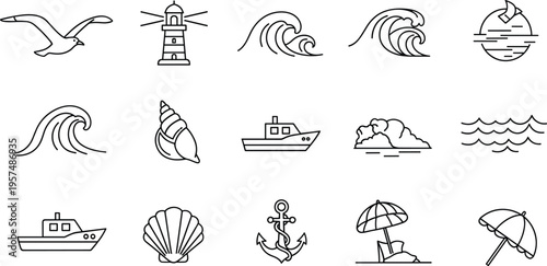 PrintBeach and Ocean Line Icon Set with Lighthouse, Waves, Boats, Shell, Anchor, Umbrella, Seagull, and Coastal Elements Vector Outline Collection