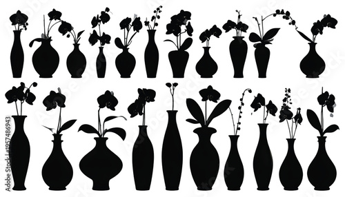 A collection of black silhouettes featuring various potted flowers and decorative glass vases