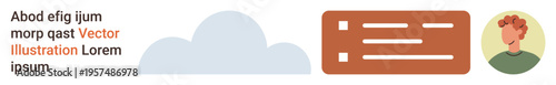 Digital identity, user interface, cloud storage, online profiles, IT design, web services. Minimalist design showing a cloud, text card and avatar. Digital identity and user interface