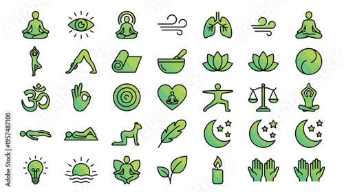 Yoga and Mindfulness icons set in linear style. A collection of yoga linear icons, including meditation, lotus flower, om symbol, breath, lungs, moon, sun, candle, heart, scales, and more. Vector set.