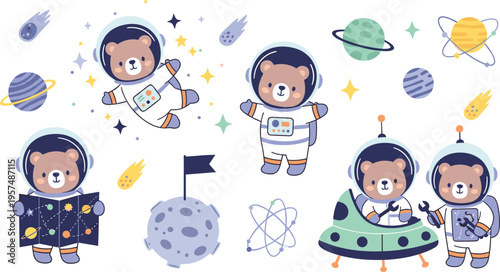 Cute astronaut bears in space set with planets, spaceship, stars and galaxy elements, adorable cartoon animals exploring universe vector illustration collection