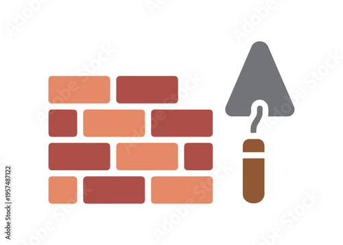 Simple solid icon of a brick wall and trowel for design projects.