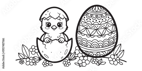 Easter chick hatches next to decorated egg in floral setting