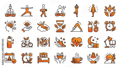 Wellness and Mindfulness Icon Set in Linear Gradient Style. A collection of health and self care linear icons, including yoga, meditation, healthy food, exercise, sleep, spa, and more. Editable Stroke