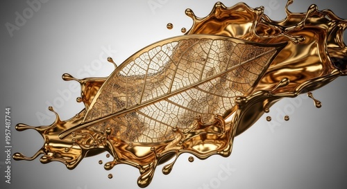 Golden leaf emerging from a cascade of shimmering liquid metal