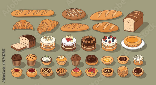 Assortment of freshly baked bread, pastries, and cakes.