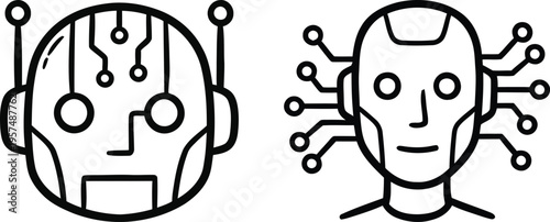 Artificial intelligence and robotics concept doodle icons featuring futuristic cyborg heads with circuit board traces on a transparent background.
