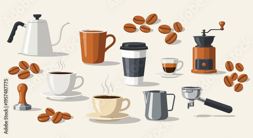 Assortment of coffee making equipment and beverages.